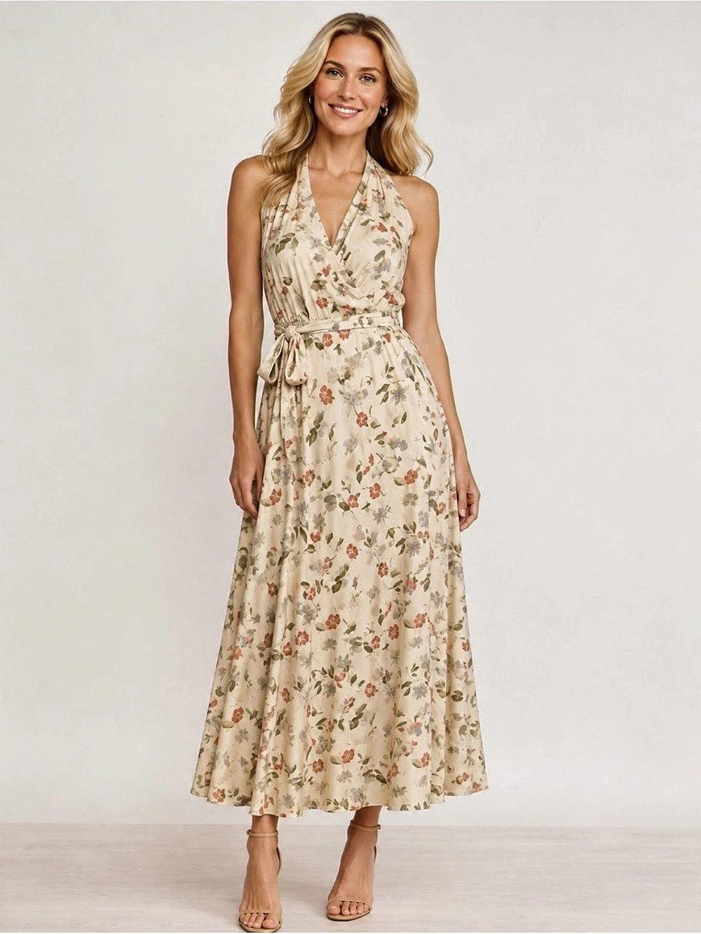 J. McLaughlin Cream Floral Halter Sleeveless Tea Length Belted Wrap Dress - Sz 6